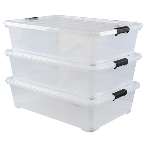 50 Quart Large Stackable Plastic Underbed Storage Bin, 3-Pack | Clear Under Bed Organization Boxes with Wheels and Lids - size: 50 Quart