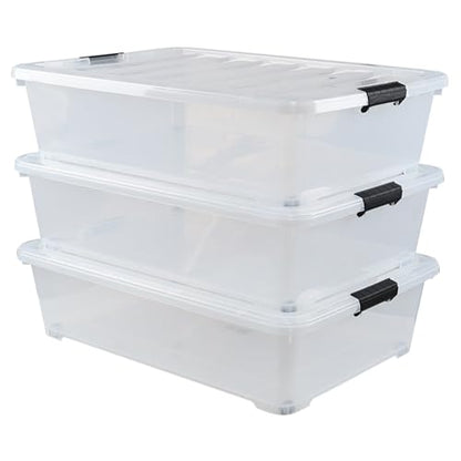 50 Quart Large Stackable Plastic Underbed Storage Bin, 3-Pack | Clear Under Bed Organization Boxes with Wheels and Lids - size: 50 Quart