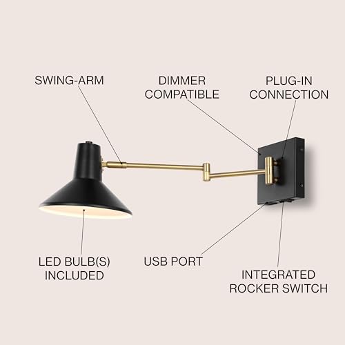 JONATHAN Y Hygge 1-Light Modern Swing Arm USB Sconce 8", Black/Brass Gold | Metal Construction, Plug-In Midcentury Bedside Wall Lamp, Cone Shade, Adjustable Head, LED Bulb Included - color: Black/Brass Gold