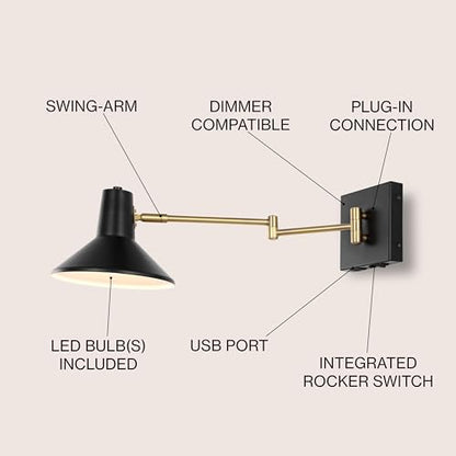JONATHAN Y Hygge 1-Light Modern Swing Arm USB Sconce 8", Black/Brass Gold | Metal Construction, Plug-In Midcentury Bedside Wall Lamp, Cone Shade, Adjustable Head, LED Bulb Included - color: Black/Brass Gold