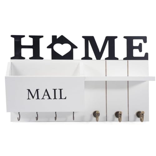 Rustic Wall Key Holder with Shelf & Hooks - Wall Mounted Mail Organizer for Entryway | Wooden Key Rack for Keys, Coats, Dog Leash-White - color: White