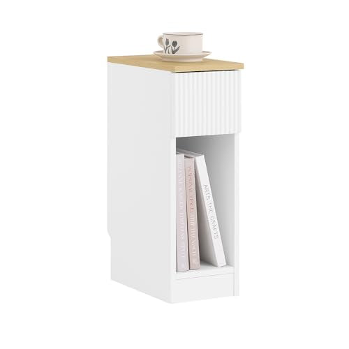 SoBuy Narrow Nightstand, Slim Bedside Tables with Drawers Suitable for Small Space, Easy Assemble (White) | Bedside Table Bedroom Living Room Table with Skirting Board Design, Space Saving for Small Spaces, White, FBT111-W - color: White(fluted)