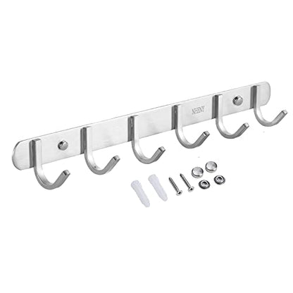 Coat Hook Wall Mount - Towel Rack with 6 Hooks Hanger for Hanging Clothes, Bags, Keys, and Towels Bathroom, Entryway, Door, 304 Stainless Steel Brushed Nickel - size: 6S hooks