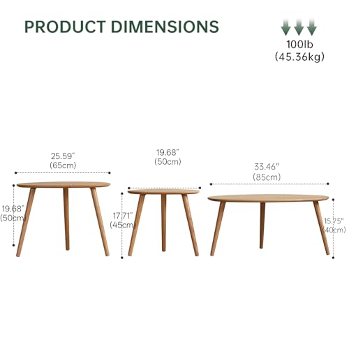 Small Oval Nesting Table, Mid Century Coffee Table for Living Room,Solid Oak Wood End Tables,Triangle Tabletop with 3 Legs,Minimalist Display Living Tables (Original Wood Color, 3 Pieces) - color: Original Wood Color, size: Small-Tall-Large - 3 Pieces