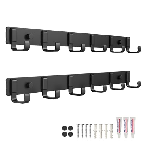 16" Heavy Duty Wall Mount Coat Rack with 6 Hooks, 2-Pack (Black) | Strong Glue or Screw Mount，coat hanger for hanging Coats, Hats, Jackets & Bags in Entryway, Bedroom, Bathroom or Closet - color: Black - 2 Pack