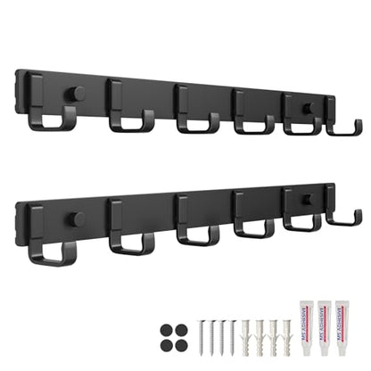 16" Heavy Duty Wall Mount Coat Rack with 6 Hooks, 2-Pack (Black) | Strong Glue or Screw Mount，coat hanger for hanging Coats, Hats, Jackets & Bags in Entryway, Bedroom, Bathroom or Closet - color: Black - 2 Pack