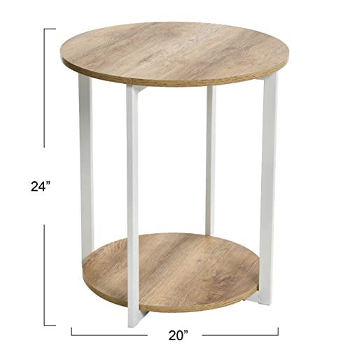 Household Essentials Jamestown Round Side End Table with Storage Shelf, Coastal Oak Rustic Wood Grain and White Metal Frame - color: Coastal Oak