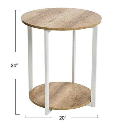 Household Essentials Jamestown Round Side End Table with Storage Shelf, Coastal Oak Rustic Wood Grain and White Metal Frame - color: Coastal Oak