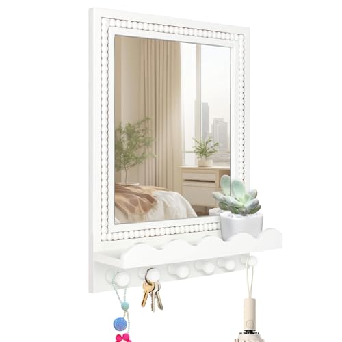 Tirzah 16x12 Inch Wall Mount Beaded Wood Framed Mirror with Shelf and 6 Hooks, White Decorative Entryway Mirror with Storage for Laundry Room, Bathroom, Bedroom - color: White