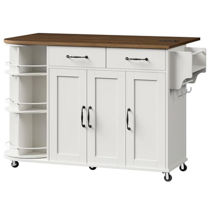 Kitchen Island with Power Outlet & Drop Leaf, Kitchen Rolling Island with Rotating Organizer, Kitchen Island Cart with Storage Cabinet, Mobile Island Table for Kitchen, White and Walnut - color: White + Walnut