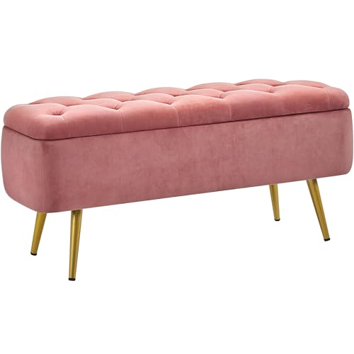 Yaheetech 43in Velvet Storage Ottoman Bench for Bedroom End of Bed, Pink | Button-Tufted Ottoman Bench with 1.9C Storage Space, Tapered Gold Metal Legs, Sized for Entryway Living Room Window Seat - color: Pink