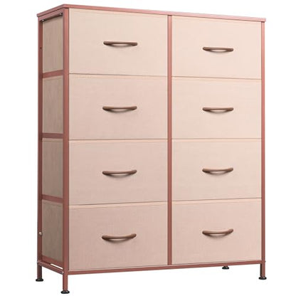 WLIVE Fabric Dresser for Bedroom, Tall Dresser with 8 Drawers, Storage Tower with Fabric Bins, Double Dresser, Chest of Drawers for Closet, Playroom, Dormitory, Pink and Rose Gold | Pink 8-drawer tall storage tower with fabric bins and wood tabletop, brea