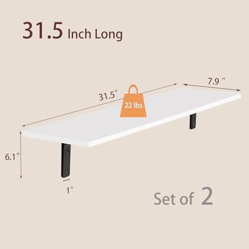 Long Wall Shelves, 31.5Inch Wooden Wall Mounted Shelves, Set of 2 | Floating Book Shelf, Sturdy Metal Bracket Easy Assembly, Max Load 22lbs, Wall Storage Ledges, Bedroom/Bathroom/Kitchen, White - color: White, size: 31.5 Inch