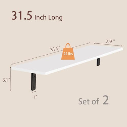 Long Wall Shelves, 31.5Inch Wooden Wall Mounted Shelves, Set of 2 | Floating Book Shelf, Sturdy Metal Bracket Easy Assembly, Max Load 22lbs, Wall Storage Ledges, Bedroom/Bathroom/Kitchen, White - color: White, size: 31.5 Inch