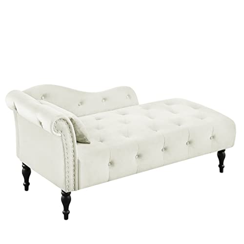 60" Modern Velvet Chaise Lounge Indoor,Upholstered Lounge Chair with Left Armrest and Lumbar Pillow, Button Tufted Lounge Sofa for Living Room Bedroom Office,Mini Chaise Longue Sofa (White) - color: White