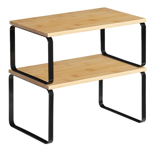 HOOBRO Cabinet Organizer Shelf, Set of 2 Kitchen Counter Shelves, Expandable Kitchen Storage, Stackable Bamboo Spice Rack, for Kitchen, Countertop, Office Desk, Bathroom, Natural and Black YB30TL01 - color: Natural, Black