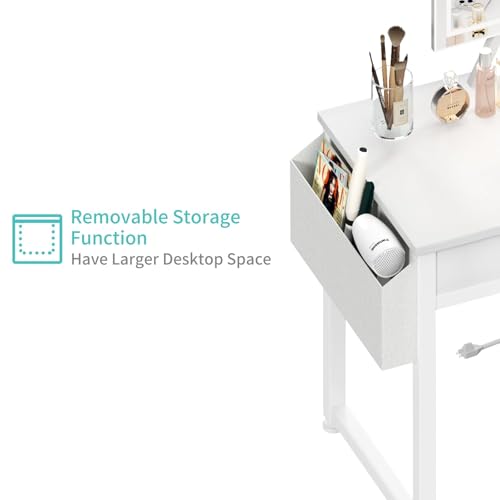 Lufeiya Small Makeup Vanity Desk with Fabric Drawers, 32 inch White Vanity Desks with Mirror and Light, Dressing Table and Chair Set with Power Outlet for Girls Bedroom, White - style: White