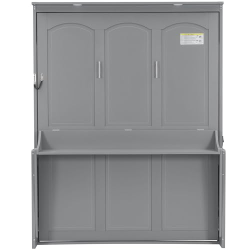 SOFTSEA Queen Size Murphy Wall Bed Frame with Desk, LED Lights, Grey | Space-Saving Vertical Murphy Bed Cabinet with Desk, LED Lights, Charging Station, Hidden Wall Bed for Small Spaces - color: Grey
