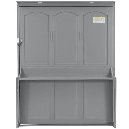 SOFTSEA Queen Size Murphy Wall Bed Frame with Desk, LED Lights, Grey | Space-Saving Vertical Murphy Bed Cabinet with Desk, LED Lights, Charging Station, Hidden Wall Bed for Small Spaces - color: Grey