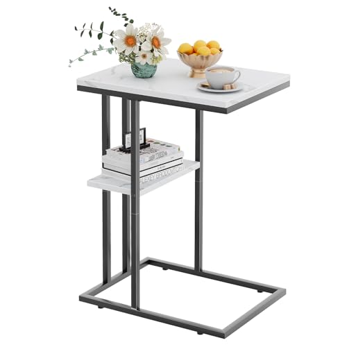 C Shaped End Side Table, Couch Sofa Table for Small Space, Black Snack Table with Metal Frame, TV Tray Table for Bed, Living Room, Bedroom, Bedside(White Marble) - color: White Marble+black