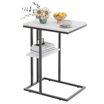 C Shaped End Side Table, Couch Sofa Table for Small Space, Black Snack Table with Metal Frame, TV Tray Table for Bed, Living Room, Bedroom, Bedside(White Marble) - color: White Marble+black