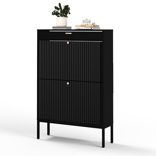 Shoe Cabinet, Shoe Storage Organizer Cabinet with 2 Flip Wavy Line Drawers, Freestanding Shoe Rack with Adjustable Shelf for Entryway（Black） - color: Wavy Line-black