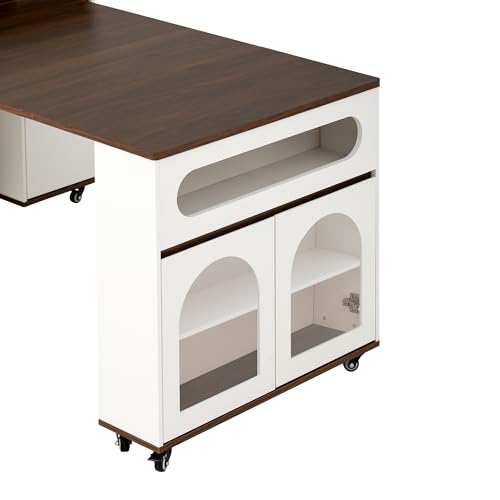 Extendable Dining Table with Extra-Long Folding Top, Rolling Kitchen Island with Storage Cabinet, Drawers & Brake Lock, Sturdy Mobile Cart for Kitchen, Dining Room & Open Spaces (Cream White+Walnut2) - color: Cream White+walnut2