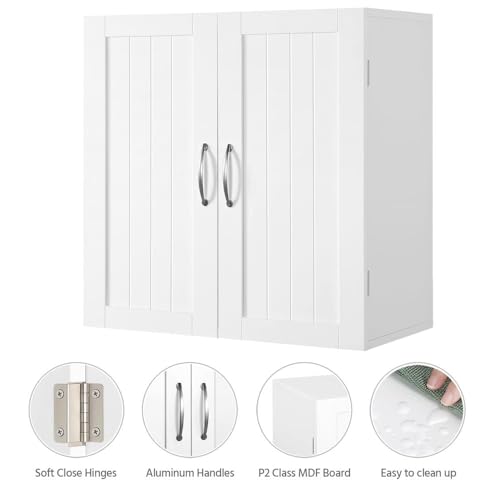 Yaheetech Wall Mounted Bathroom Storage Cabinet with Doors, Laundry, White | 3-Height Adjustable Inner Shelf, Beadboard Panels in Engineered Wood, Frees Up Floor Space over the Toilet or in Kitchens - style: 2 Doors