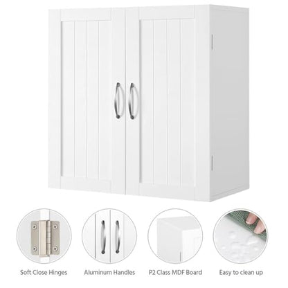 Yaheetech Wall Mounted Bathroom Storage Cabinet with Doors, Laundry, White | 3-Height Adjustable Inner Shelf, Beadboard Panels in Engineered Wood, Frees Up Floor Space over the Toilet or in Kitchens - style: 2 Doors