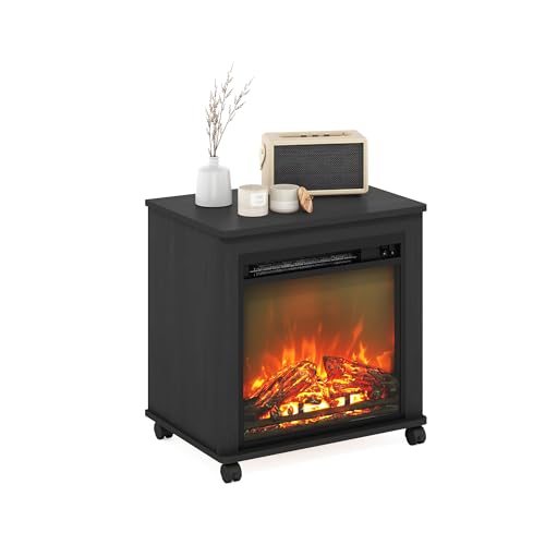 Furinno Jensen Side Table, Fireplace End Table with Wheels, Electric Fireplace Night Stand, Bedside Table, for Living Room, Bedroom, Americano - color: Americano, size: Fireplace with Wheels