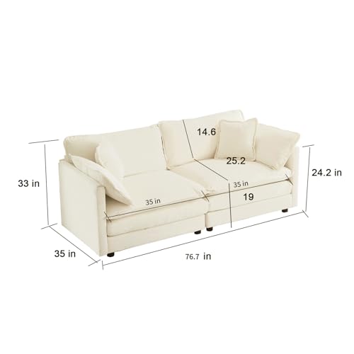 76.7” Oversized Beige White Loveseat Sofa, 2 Seater Large Sectional Couches for Living Room, Chenille Fabric Modular Sectional Sofa, Deep Seat Home Sofas Set, Love Seat Couches - color: Beige White, size: 2 Seater