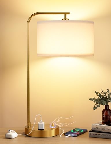 Innqoo Gold Table Lamp with USB Port and Outlet, Dimmable Nightstand Bedside Lamps with Linen Lampshade, Desk Lamp for Bedroom, Living Room, Guest Room, Home Office, LED Bulb Included - color: D-White Shade& Gold Base