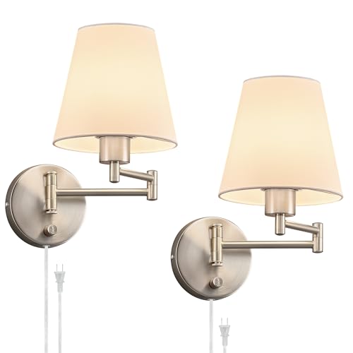 VONLUCE Wall Sconce Set of 2, Plug in & Swing Arm Wall Lamps, Nickel Finish | Modern Wall Lights with White Fabric Shades, Plug in & Hardwired Wall Mounted Light for Bedside, Living Room, Hallway - color: Nickel, size: 2 Pack