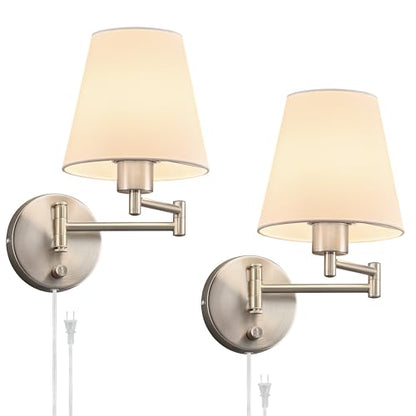 VONLUCE Wall Sconce Set of 2, Plug in & Swing Arm Wall Lamps, Nickel Finish | Modern Wall Lights with White Fabric Shades, Plug in & Hardwired Wall Mounted Light for Bedside, Living Room, Hallway - color: Nickel, size: 2 Pack