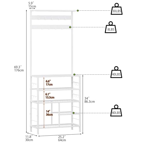 GiftGo Modern White Large 5-Tier Hall Tree Entryway Wooden Shoes Rack Shelf Coat Rack with Movable 9 Metal Hooks Storage Organizer for Home Office Bedroom Mudroom Living Room - color: White
