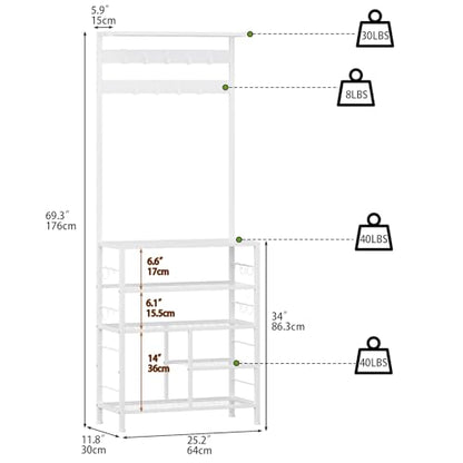 GiftGo Modern White Large 5-Tier Hall Tree Entryway Wooden Shoes Rack Shelf Coat Rack with Movable 9 Metal Hooks Storage Organizer for Home Office Bedroom Mudroom Living Room - color: White