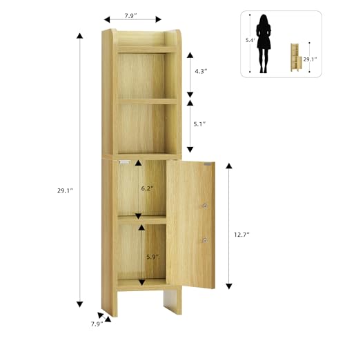Small Bathroom Storage Corner Floor Cabinet Narrow Toilet Paper Cabinet with Adjustable Shelves Wooden Slim Bathroom Organizers and Storage with Fluted Door for Small Spaces, Wood - color: Wood