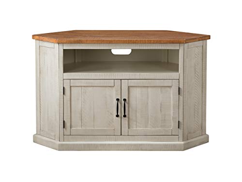 Martin Svensson Home Rustic Corner Solid Wood TV Stand, White and Honey | Entertainment Center, for TVs up to 55", Two Door Cabinet, Open Storage shelf - color: Antique White and Honey Tobacco