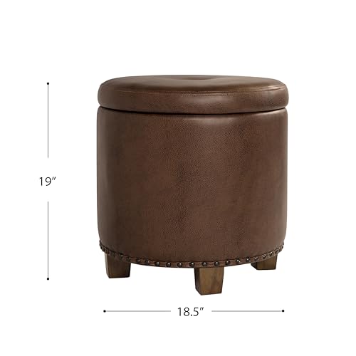 HomePop 18.5" Round Storage Ottoman with Nailheads - Brown Faux Leather - color: Brown Faux Leather