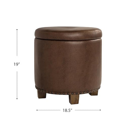 HomePop 18.5" Round Storage Ottoman with Nailheads - Brown Faux Leather - color: Brown Faux Leather