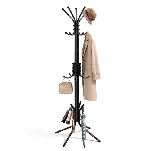 Metal Coat Rack, Freestanding Coat Tree & Hall Tree with 15 Hooks, Sturdy Coat Rack Stand and Hat Rack, Coat Hanger for Entryway, Bedroom, Office for Jackets, Hats, Bags,Black - color: BLACK
