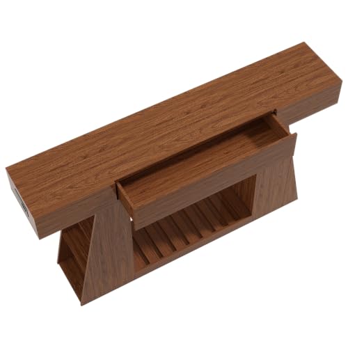 Console Table with Built-in Power Outlet, 60 Inch Narrow Farmhouse Sofa Table Behind Couch, Entryway Foyer Table with Side Storage Compartment & Slatted Bottom Shelf ，1PCS - color: Walnut