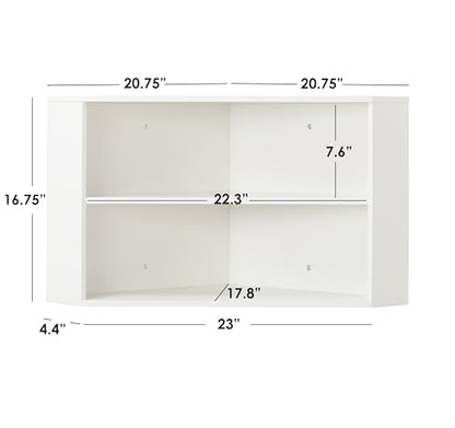 Modern Floating Desk Hutch, Wall Mounted Corner Storage with 2 Shelves, Antique White