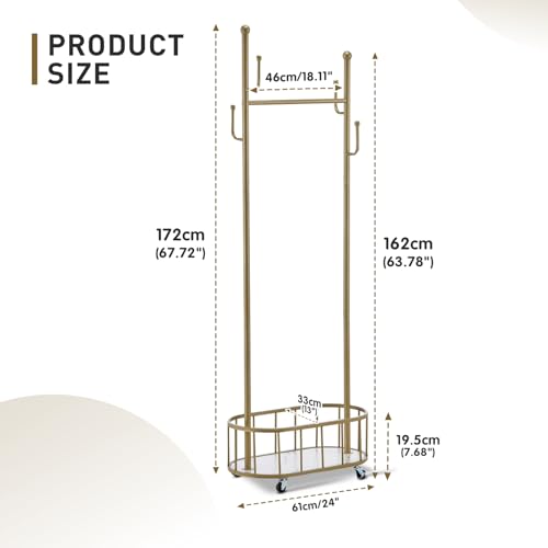 Free Standing Rolling Clothes Rack with Wheels Coat Rack - Golden | Small Narrow Cloth Hanger Metal Garment Racks for Bedroom Livingroom Lab Dress Shirts Rack with Storage Shelves - color: Gold
