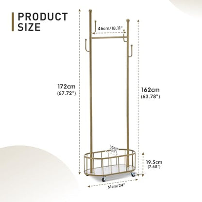 Free Standing Rolling Clothes Rack with Wheels Coat Rack - Golden | Small Narrow Cloth Hanger Metal Garment Racks for Bedroom Livingroom Lab Dress Shirts Rack with Storage Shelves - color: Gold