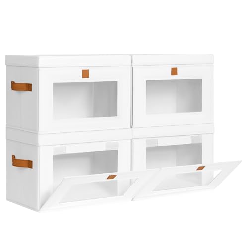 DIMJ Storage Bins with Lids - 4 Pack Front Opening Stackable Fabric Storage Boxes with Clear Window & Handles, Collapsible Closet Organizers for Clothes, Sweaters, Shelf Storage, Bedroom, White - color: White, size: Large-4 Pack