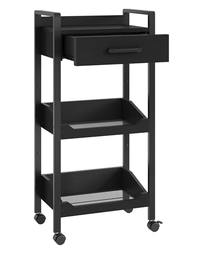 Hoctieon 3-Tier Rolling Storage Cart with Drawer, Rolling Utility Cart Organizer, Mobile Shelving Unit with Wheels, Metal Frame, Kitchen Utility Cart for Small Space, Office, Bathroom, Black - color: Black