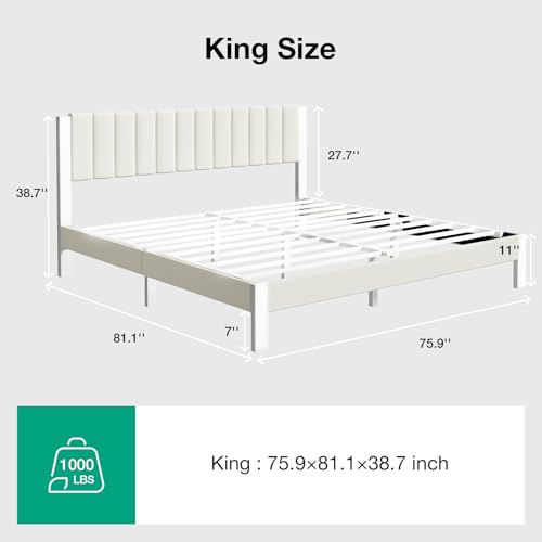 Novilla King Bed Frame with Piano Keys Headboard and Footboard, Metal Platform Bed Frames King Size, No Box Spring Needed, Easy Assembly, Steel Slats Support, Velvet White - color: White, size: King
