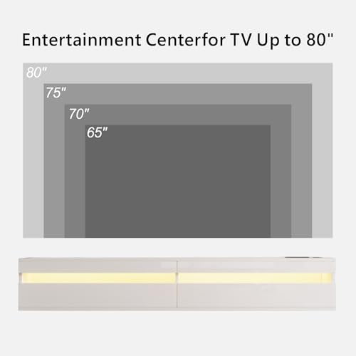 basenji 71" Floating TV Stand Wall Mounted,Solid Wood Entertainment Center with LED Lighting & Power Outlet, High-Gloss Modern Media Console for TVs up to 85",Tv Consoles for Living Room,White - color: White