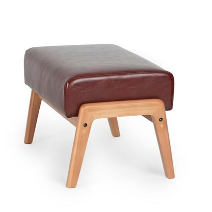 Foot Stool, Leatherette Wooden Step Stool, Modern Rectangle Ottoman Wide Vanity Stool with Cushion for Couch Living Room Bedroom Entryway, Brown - color: Brown